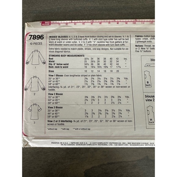 Simplicity Vintage Uncut Misses Blouses Size 16 Pattern No 7896 - Picture 4 of 7